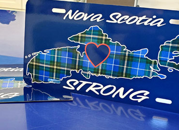 Nova Scotia Strong fundraising campaign to benefit families affected by the tragedy in April 2020. License plate.